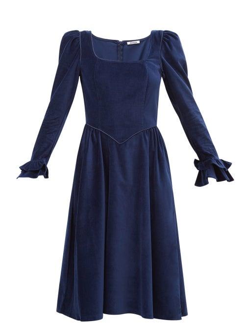 Matchesfashion.com Batsheva - Puff-sleeved Square-neckline Velvet Dress - Womens - Navy
