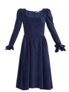 Matchesfashion.com Batsheva - Puff-sleeved Square-neckline Velvet Dress - Womens - Navy