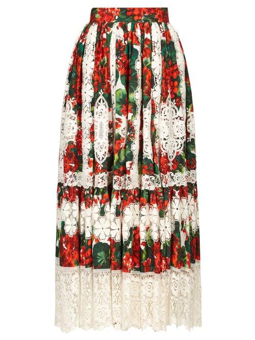 Matchesfashion.com Dolce & Gabbana - Geranium Print Macram Hem Poplin Midi Skirt - Womens - Red Multi