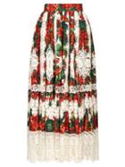 Matchesfashion.com Dolce & Gabbana - Geranium Print Macram Hem Poplin Midi Skirt - Womens - Red Multi
