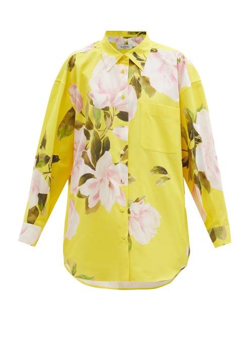 Matchesfashion.com Valentino - Oversized Peonia-print Cotton-blend Shirt - Womens - Yellow Multi