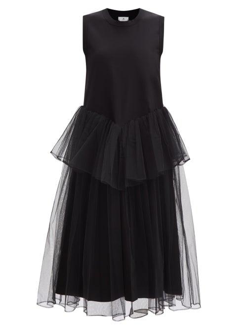Noir Kei Ninomiya - Gathered-waist Cotton And Tulle Sleeveless Dress - Womens - Black