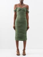 Norma Kamali - Walter Bardot Ruched-jersey Midi Dress - Womens - Mid Green