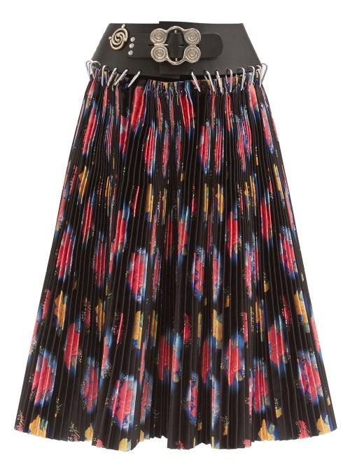 Matchesfashion.com Chopova Lowena - Leather-belt Pleated Taffeta Skirt - Womens - Black Print