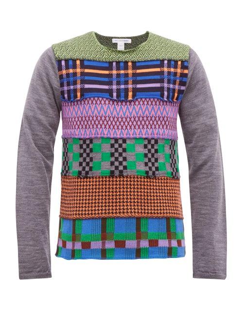 Matchesfashion.com Comme Des Garons Shirt - Patchwork Intarsia Wool Blend Sweater - Mens - Grey Multi