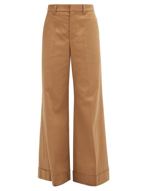 Matchesfashion.com Brunello Cucinelli - Tailored Wide Leg Cotton Blend Twill Trousers - Womens - Mid Brown