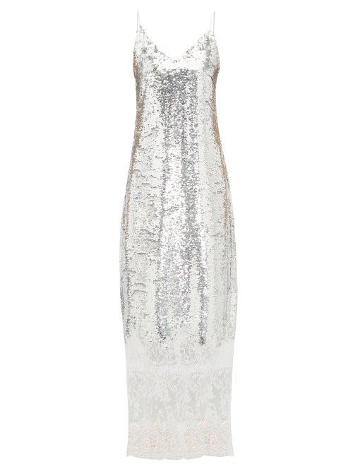 Matchesfashion.com Erdem - Arden Lace Trim Sequinned Slip Dress - Womens - Silver