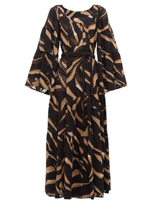 Matchesfashion.com Lisa Marie Fernandez - Peasant Abstract Print Tiered Crepe Maxi Dress - Womens - Brown Print