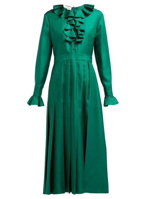 Matchesfashion.com Gucci - Ruffle Trimmed Pleated Silk Twill Dress - Womens - Green
