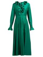 Matchesfashion.com Gucci - Ruffle Trimmed Pleated Silk Twill Dress - Womens - Green