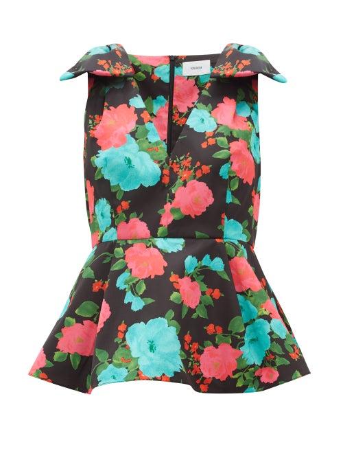 Matchesfashion.com Erdem - Romina Peplum Floral Print Satin Top - Womens - Black Multi