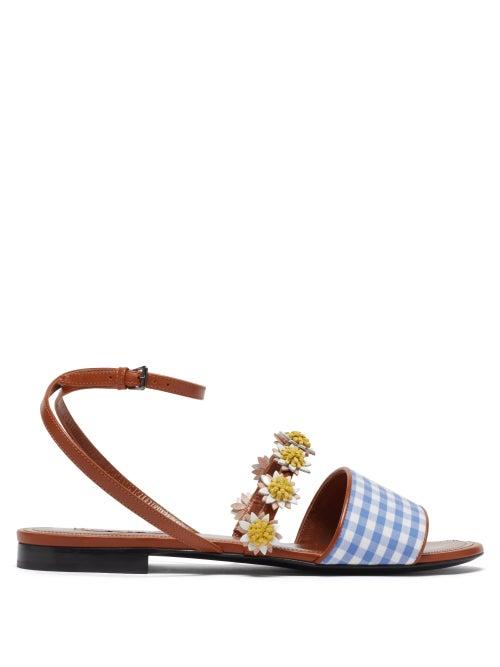 Matchesfashion.com Fabrizio Viti - Bea Floral-appliqu Gingham And Leather Sandals - Womens - Tan Multi