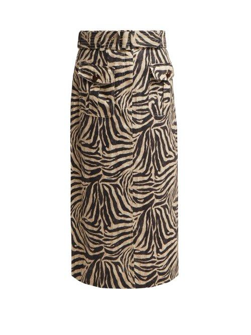 Matchesfashion.com Zimmermann - Corsage Zebra Print Safari Midi Skirt - Womens - Animal