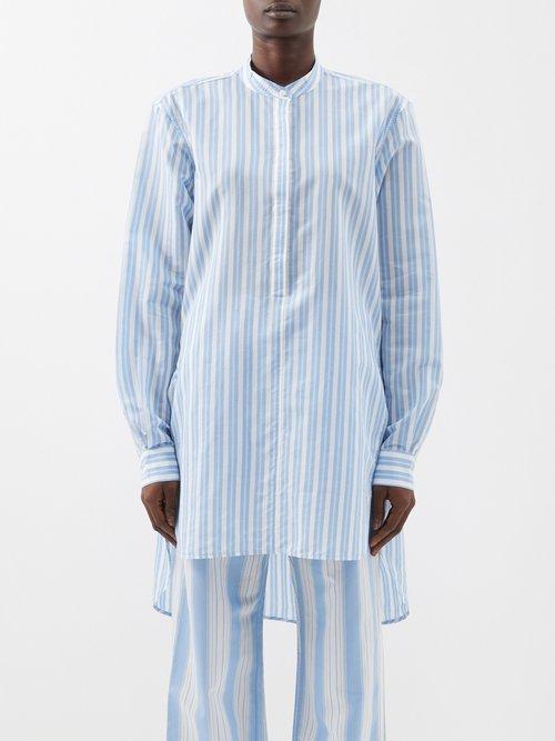 Toteme - Stand-collar Longline Cotton-blend Poplin Shirt - Womens - Blue White