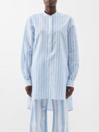 Toteme - Stand-collar Longline Cotton-blend Poplin Shirt - Womens - Blue White