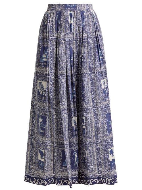 Matchesfashion.com Le Sirenuse, Positano - Jane Postcard Print Cotton Midi Skirt - Womens - Dark Blue