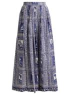 Matchesfashion.com Le Sirenuse, Positano - Jane Postcard Print Cotton Midi Skirt - Womens - Dark Blue