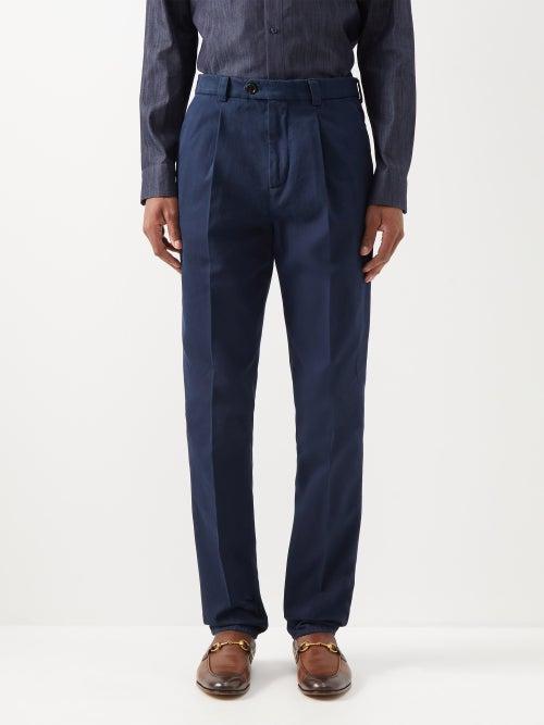 Brunello Cucinelli - Pleated Cotton-gabardine Trousers - Mens - Navy