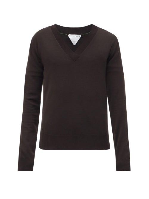 Mens Rtw Bottega Veneta - V-neck Fine-knit Wool-blend Sweater - Mens - Brown