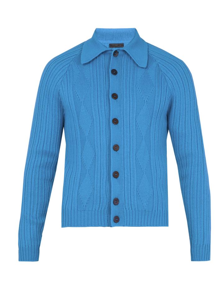 Prada Point-collar Ribbed Wool Cardigan