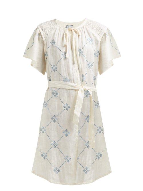 Matchesfashion.com Innika Choo - Embroidered Tie Waist Linen Dress - Womens - Yellow