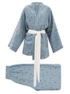 Deiji Studios - Floral-print Stonewashed Linen Short Wrap Pyjamas - Womens - Blue Multi