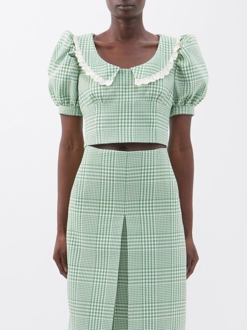 Shushu/tong - Lace-trim Check-print Top - Womens - Green White