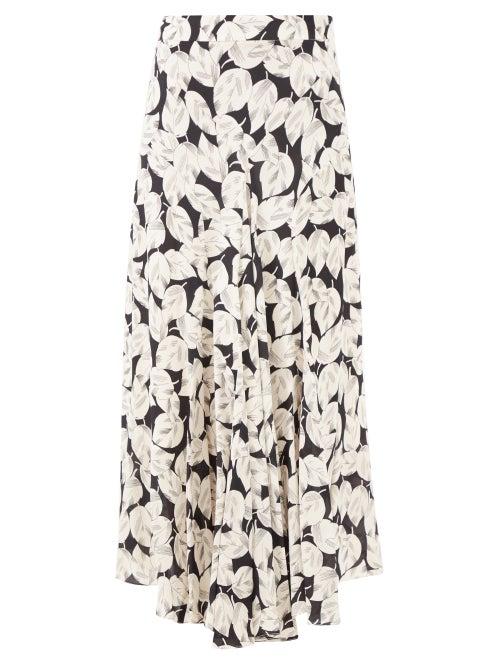 Raey - Godet-pleat Falling Leaves Print Silk Skirt - Womens - Ivory Multi