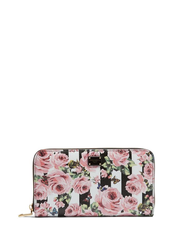 Dolce & Gabbana Rose And Stripe-print Zip-around Leather Wallet