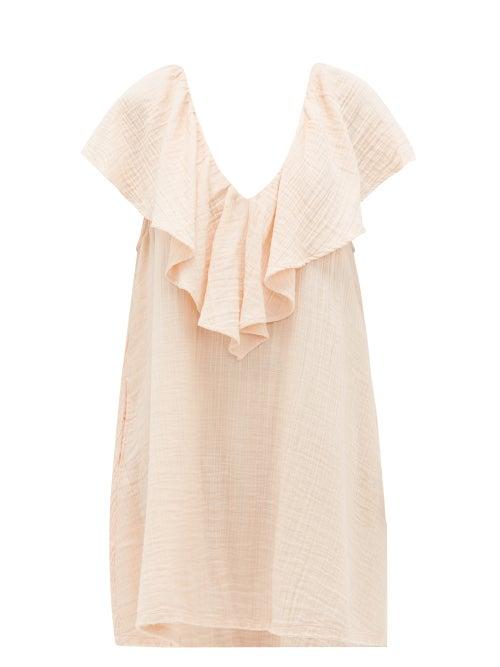 Matchesfashion.com Anaak - Brigitte Ruffled-neck Cotton-gauze Dress - Womens - Light Pink
