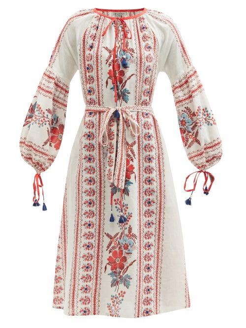 Matchesfashion.com D'ascoli - Olga Belted Floral-print Cotton-khadi Dress - Womens - Red Multi