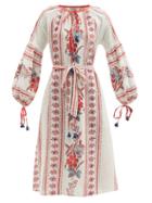 Matchesfashion.com D'ascoli - Olga Belted Floral-print Cotton-khadi Dress - Womens - Red Multi