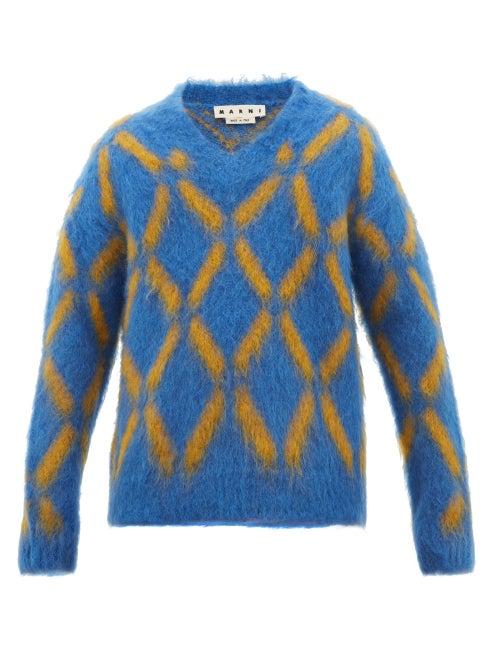 Matchesfashion.com Marni - V Neck Diamond Intarsia Mohair Blend Sweater - Mens - Blue Multi