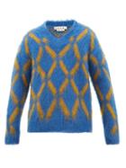 Matchesfashion.com Marni - V Neck Diamond Intarsia Mohair Blend Sweater - Mens - Blue Multi