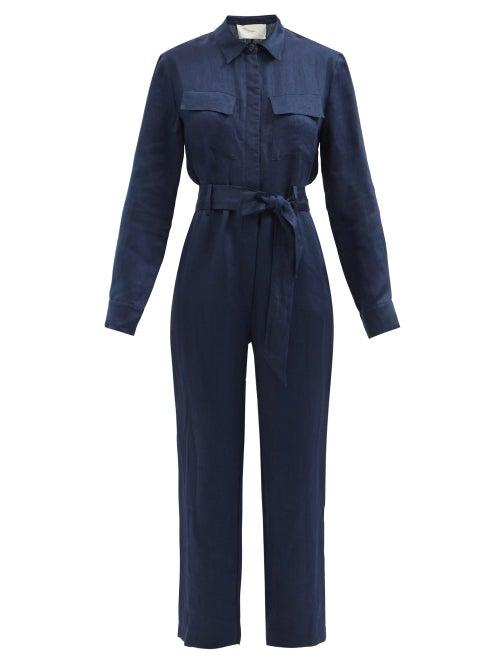 Asceno - Antwerp Belted Organic Linen Jumpsuit - Womens - Navy