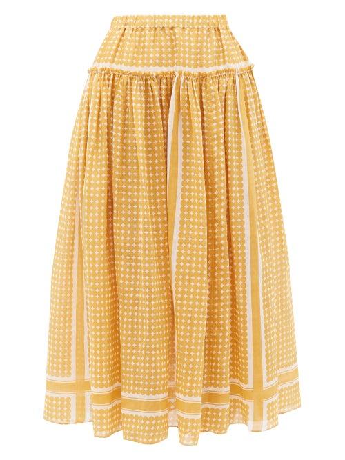Matchesfashion.com Sara Lanzi - Dot-print Voile Midi Skirt - Womens - Yellow