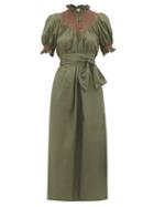 Matchesfashion.com Loretta Caponi - Elena Belted Smocked Cotton-poplin Midi Dress - Womens - Khaki Multi