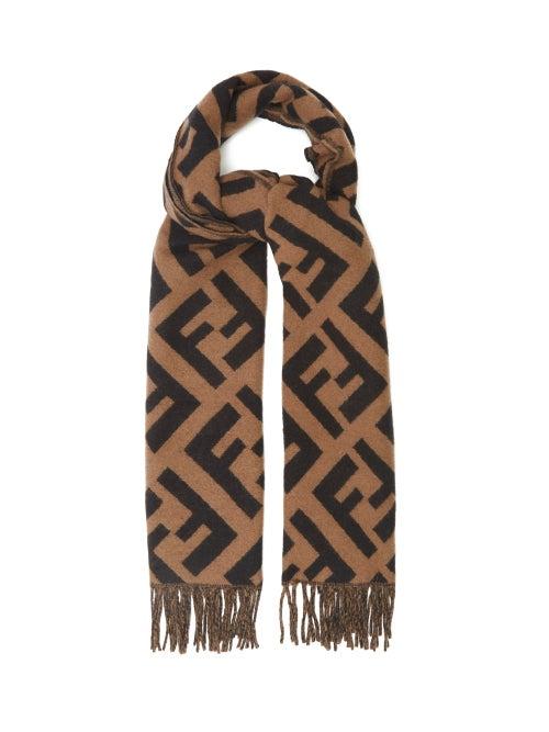 Matchesfashion.com Fendi - Ff-jacquard Fringed Cashmere Scarf - Womens - Brown Multi