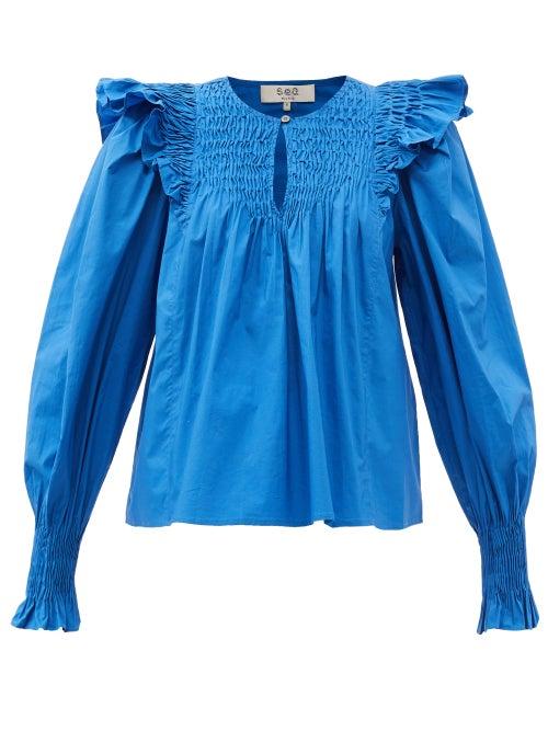 Matchesfashion.com Sea - Varsha Shirred Cotton-poplin Blouse - Womens - Blue