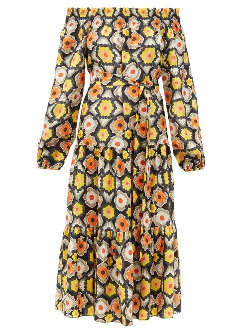 Matchesfashion.com Temperley London - Crochet Off-the-shoulder Silk Midi Dress - Womens - Black Multi