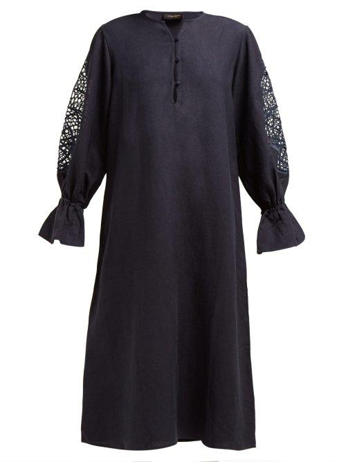 Matchesfashion.com Adriana Degreas - Marine Linen Blend Midi Dress - Womens - Navy