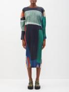Pleats Please Issey Miyake - Colour-block Printed Technical-pleated Midi Dress - Womens - Blue