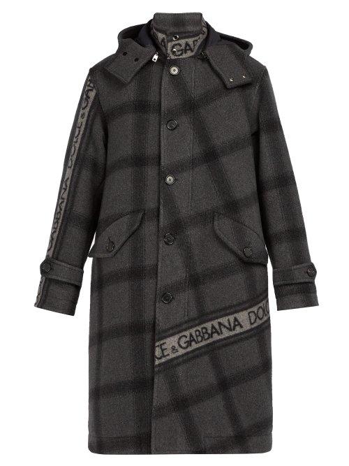 Matchesfashion.com Dolce & Gabbana - Logo Print Checked Wool Blend Coat - Mens - Grey