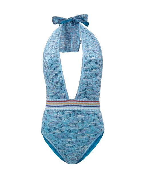 Matchesfashion.com Missoni Mare - Halterneck Lam Swimsuit - Womens - Blue Multi