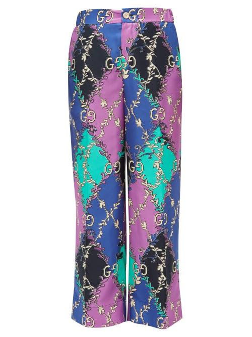 Matchesfashion.com Gucci - Rhombus And Gg-print Silk-satin Trousers - Womens - Purple Multi