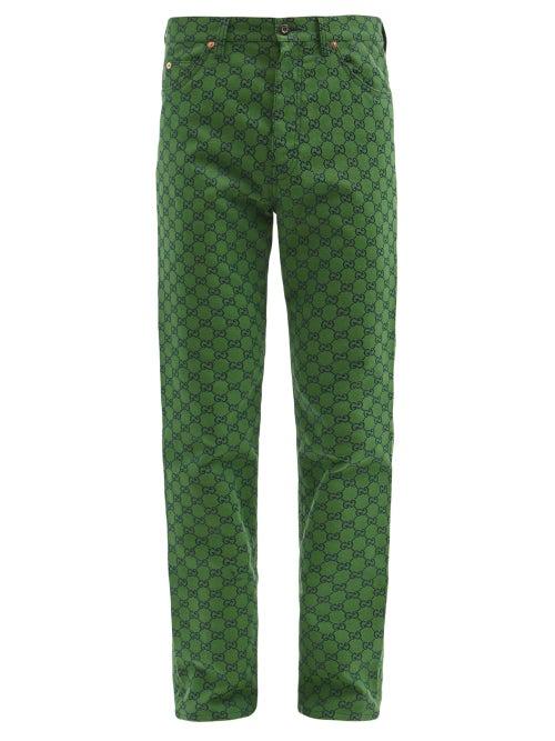 Matchesfashion.com Gucci - Gg-jacquard Organic Cotton-blend Straight Trousers - Mens - Green