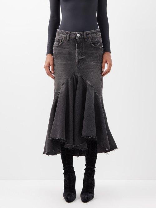 Balenciaga - Mermaid-hem Japanese-denim Midi Skirt - Womens - Charcoal