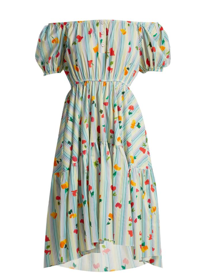 Caroline Constas Striped Floral-print Cotton-blend Dress