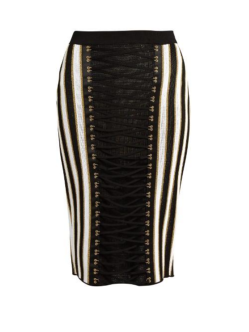Balmain Lace-up Striped Lam Skirt