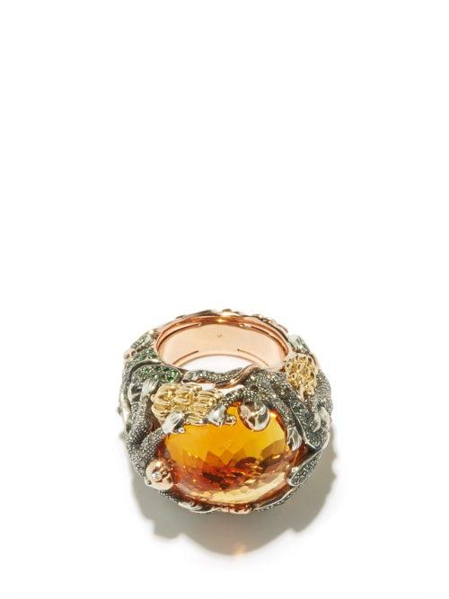 Bibi Van Der Velden - Diamond, Citrine, Tsavorite & 18kt Rose Gold Ring - Womens - Green Multi